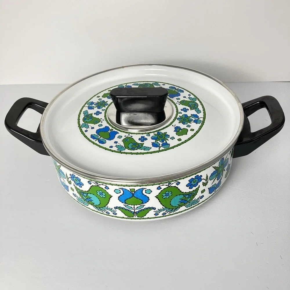 Vintage Fancipans Enamel Saucepan Lid Green Blue Bird Folk Art 1970s Retro Kitch